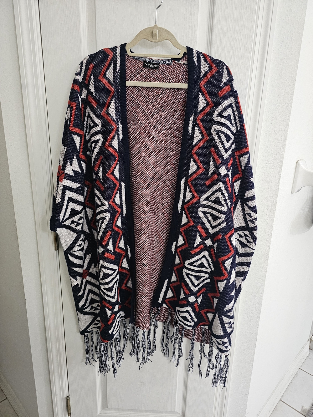 Open-Front Geometric Fringe Poncho - Navy/White/Red
